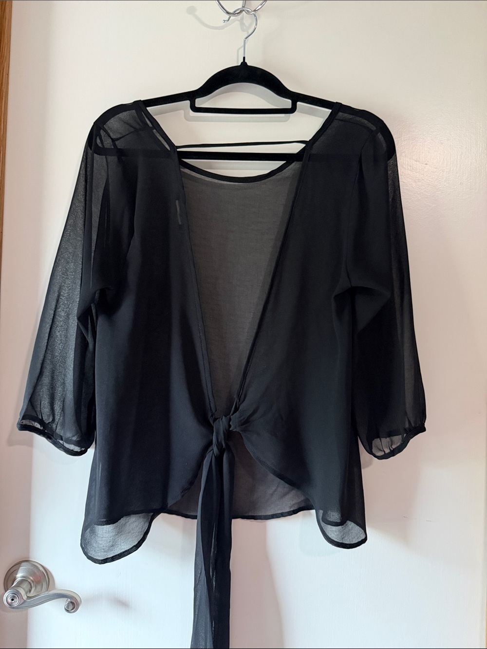 Jella Couture Black Sheer Tie-Front Kimono Blouse